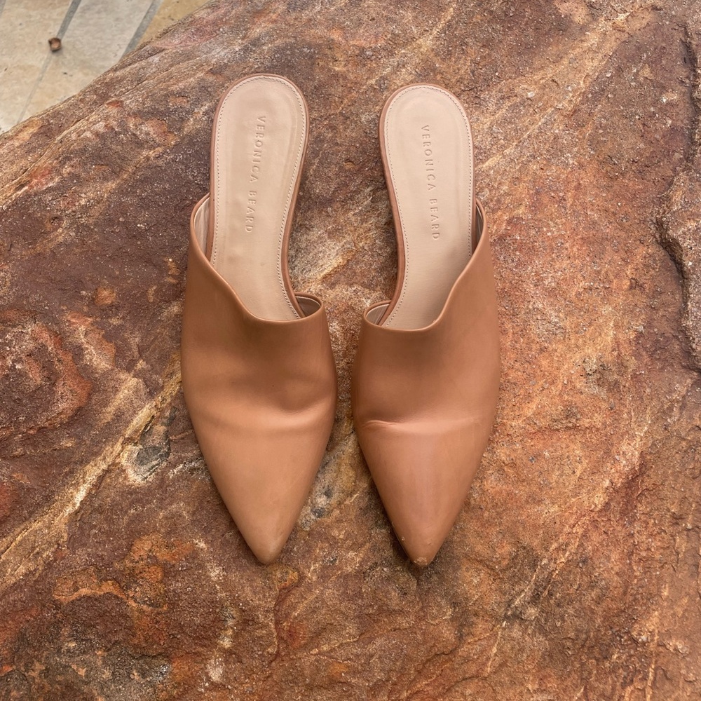 Veronica Beard “Ricky” Nude Leather Mules Translucent Lucite Wedge Heel